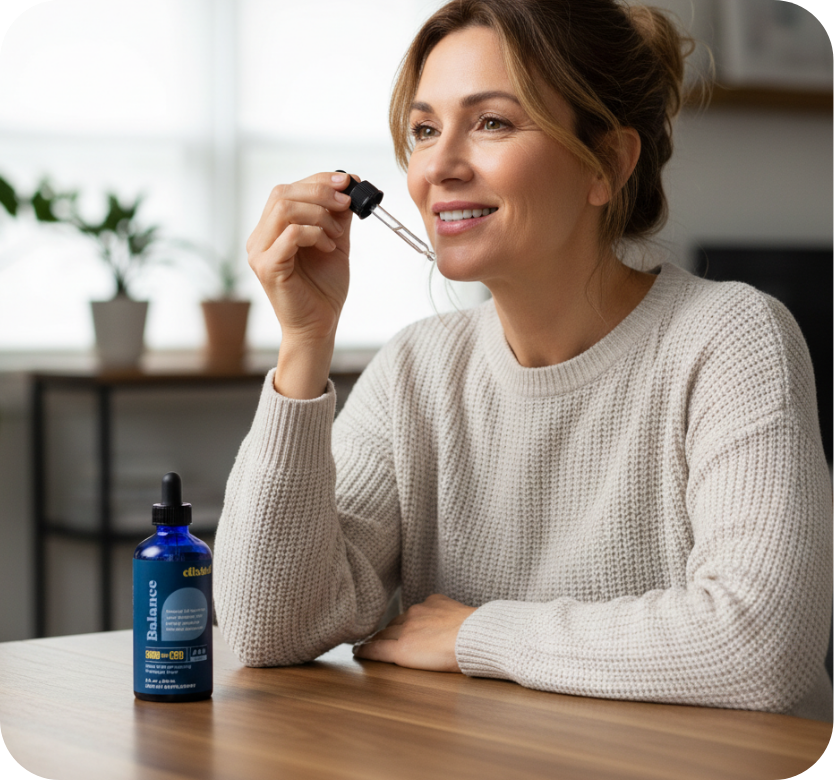 Woman using a dropper with a bottle labeled &