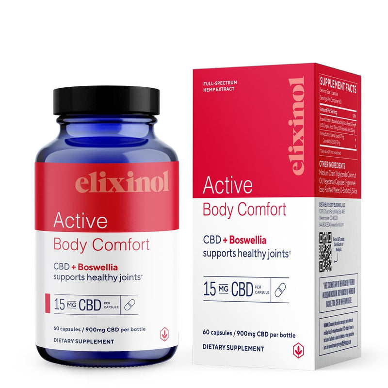 Dark blue bottle with red label for active body comfort.  Describes CBD + Boswellia and supports healthy joints. Red and White packaging