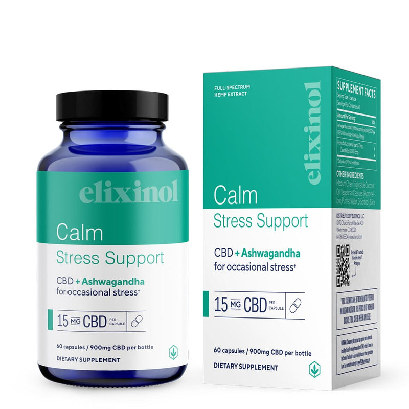 Dark blue bottle with red label for calm stress support. Describes CBD + ashwagandha and supports stress. green and white packaging