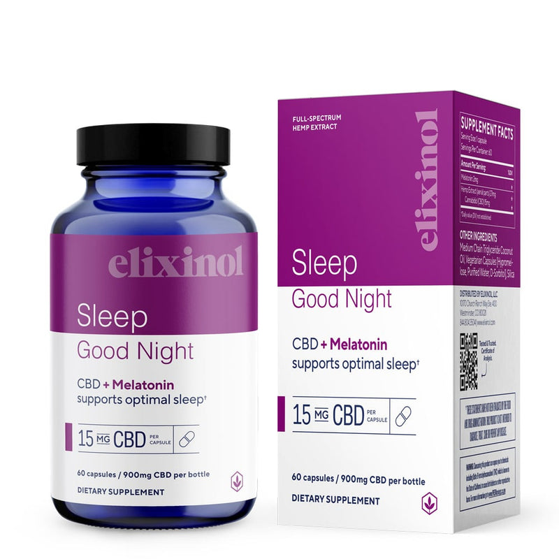 Dark blue bottle with purple and white label that supports sleep. Describes CBD + melatonin capsules. Supports sleep. purple and white packaging