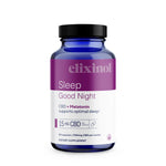 Dark blue bottle with purple and white label that supports sleep. Describes CBD + melatonin capsules 