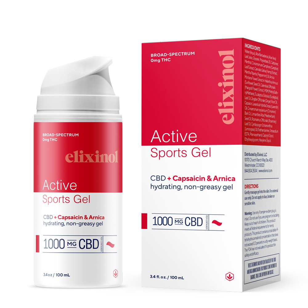 Red and white bottle + the packaging of broad spectrum active sports gel. 1000mg for CBD + capsaicin and arnice. hydrating, non-greasy gel